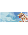 32x12 inches anime girl mouse pad with cat-eared beach girl, hibiscus accents, and ocean horizon.