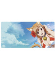 Anime girl mouse pad 32x16 inches with cat-eared beach girl, glossy bell choker, ocean horizon art.