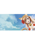 Anime girl desk pad 36x16 inches with cat-eared beach girl, glossy bell choker, ocean horizon.