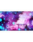Mystical Forest Glow Deskmat 40x20 featuring glowing blue fireflies, an ancient shrine gate, and dreamlike hues of purple and pink for a serene aesthetic