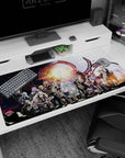 Anime desk pad 40x20 inches showing calm brave heroes, silver-haired lead and red-clad fighter under sun sigil.