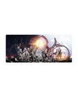 28x12 inches anime mouse pad with heroic party lineup, sun sigil backdrop, crimson arcs, detailed armor.