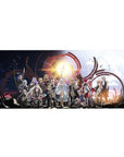 36x16 inches anime desk pad with full party lineup, sun sigil backdrop, crimson arcs, and armor detail.