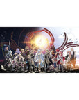 Anime desk pad 40x20 inches with full party lineup, sun sigil backdrop, crimson arcs, and flowing capes.