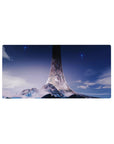 Sci-fi landscape mouse pad 32x16 inches with blue sky gradient, snowy peaks, and ring spire horizon.