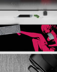 36x16 inches neon hot pink on deep black desk pad, late-night vibe with cute trouble attitude.