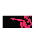 Minimalist anime girl silhouette desk mouse pad 28x12 inches with bold lounge pose on black.