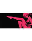 36x16 inches anime girl desk pad with hot pink silhouette on black, minimalist bold lounge pose.