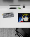 Deep midnight blue swirl anime mouse pad 14x10 inches with watery glow and bold red jacket pop.