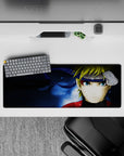 Midnight blue watery glow anime mouse pad 32x12 inches with bold red jacket pop and sharp contrast.