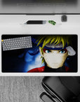 Midnight blue watery glow anime mouse pad 32x16 inches with gritty splatter accents and bold red.