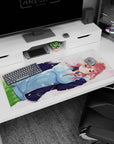 36x16 inches desk pad showing blue-eyed red-haired anime girl with headphones, petals drifting around.