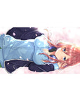 Anime girl desk pad 40x20 inches with red-haired girl, blue eyes, hoodie and skirt, pink petals.