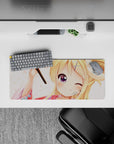 28x12 inches kawaii mouse pad in soft peach with pink blossoms and a cozy, comforting anime mood.