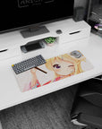 28x12 inches anime desk mat showing a blonde girl winking, purple eye sparkle, hairpin, yukata scene.
