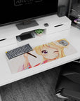 32x12 inches mouse pad showing winking blonde anime girl with purple eye, hairpin, yukata scene.