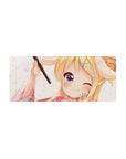 28x12 inches anime girl mouse pad with blonde in floral yukata, winking, festival vibe desk mat.