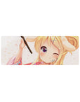 32x12 inches anime girl mouse pad with blonde in floral yukata, wink pose, festival desk mat.
