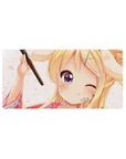 Anime girl mouse pad 32x16 inches with blonde in floral yukata, wink, blossoms, and hairpin.