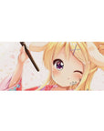 Anime girl desk pad 36x16 inches with blonde in floral yukata, wink pose, and playful hairpin.