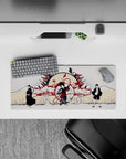 28x12 inches anime mouse pad in warm cream, ink black, and deep crimson with calm battle-like mood.