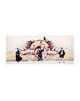 28x12 inches anime mouse pad with rising sun, pagoda rooftops, silhouettes, birds, and swirling ribbons.