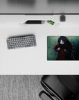Moody teal and deep crimson anime mouse pad 14x10 inches with gritty rain vibe and intense style.