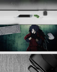 36x16 inches anime desk pad in moody teal and deep crimson, gritty rainy vibe for intense desk style.