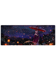32x12 inches anime girl mouse pad with festival night scene, lanterns, snow specks, and red parasol.