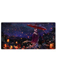 Anime girl mouse pad 32x16 inches with lantern festival night, kimono, red parasol, and snowfall.