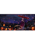 36x16 inches anime girl desk pad with festival night scene, lanterns, snow, and red parasol.