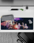 32x12 inches anime mouse pad in warm orange firelight and deep violet starry sky, cozy nighttime vibes.
