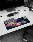 28x12 inches anime mouse pad showing silver-haired adventurer laughing by campfire with armored knight nearby.