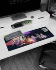 32x12 inches anime mouse pad featuring a silver-haired adventurer laughing by the campfire with a resting knight.