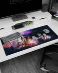 36x16 inches anime desk pad showing silver-haired adventurer laughing by the campfire, cape and corset.