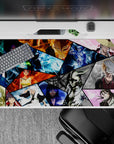 Explosive 40x20 desk pad with Bleach warriors in dynamic poses, capturing the heat of battle with vivid colors and powerful action