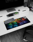 Glowing silhouettes drifting through stardust on a 28x12 inches mouse pad with hidden rune circles.