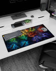 Glowing drifting figures on a stardust scene mouse pad, 32x16 inches, with faint circular runes.