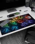 Desk pad 40x20 inches showing glowing silhouettes drifting through stardust with faint circular runes.
