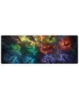 Galaxy swirl desk mouse pad 32x12 inches with glowing silhouettes and subtle rune circles.