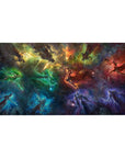 Galaxy swirl desk pad 40x20 inches with glowing silhouettes, smoky runes, and stardust motion.