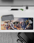 32x12 inches anime mouse pad in warm orange sunset glow, navy coats, silver and rose hair, sleek steel train.
