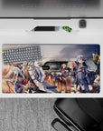 Anime mouse pad 32x16 inches in warm orange sunset glow, navy coats, steel trim, silver and rose hair.