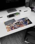 Anime mouse pad 28x12 inches showing a tall lead in a white coat as silver and rose-haired friends pass a train.