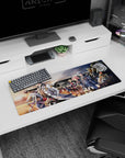 32x12 inches anime mouse pad showing tall white-coat swordsman, friends walking by a train at sunset platform.