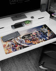 Anime desk pad 36x16 inches showing a calm tall lead in white coat as friends pass a sleek train.