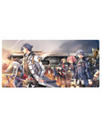 Anime mouse pad 32x16 inches with academy uniforms at a sunset train platform, crisp linework and badges.