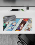KonoSuba anime mouse pad 28x12 inches featuring Kazuma, Aqua, Megumin, and Darkness with vibrant colors and bold lines.