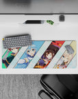 32x12 inch anime mouse pad featuring KonoSuba characters Kazuma, Aqua, Megumin, and Darkness in vibrant colors.