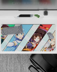 Anime mouse pad 32x16 inches featuring KonoSuba characters: Kazuma, Aqua, Megumin, and Darkness in vibrant colors.